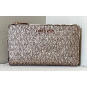 New Michael Kors Jet Set Travel Double Zip Wallet PVC Rose Gold